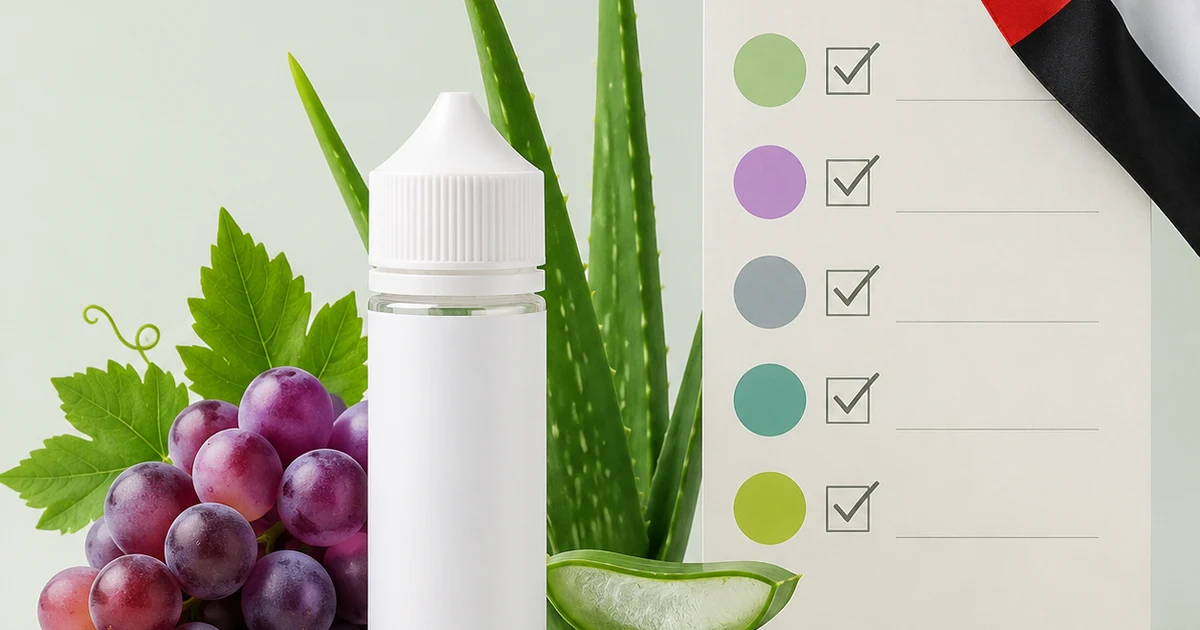 Unbranded vape-liquid bottle with grapes, aloe leaves and a blank comparison checklist.