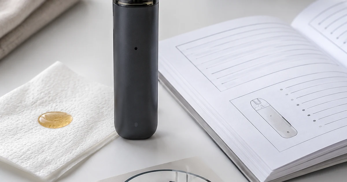 Unbranded pod device beside a liquid droplet and an open troubleshooting manual.