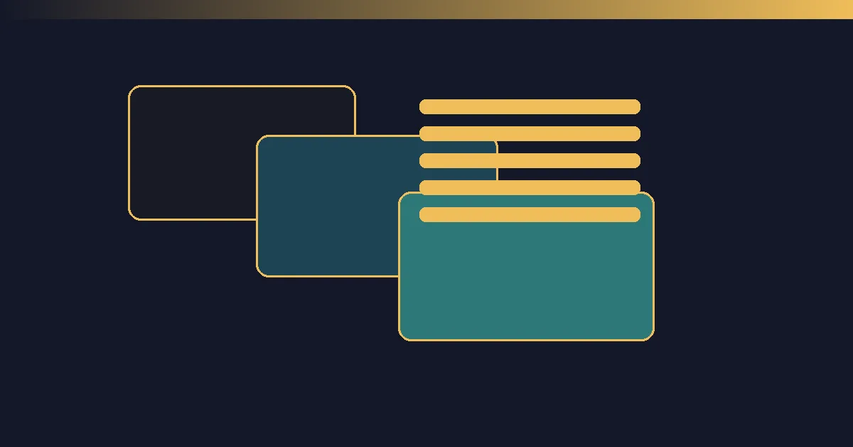 Abstract layered evidence cards in navy, teal and gold representing the verified setup matrix