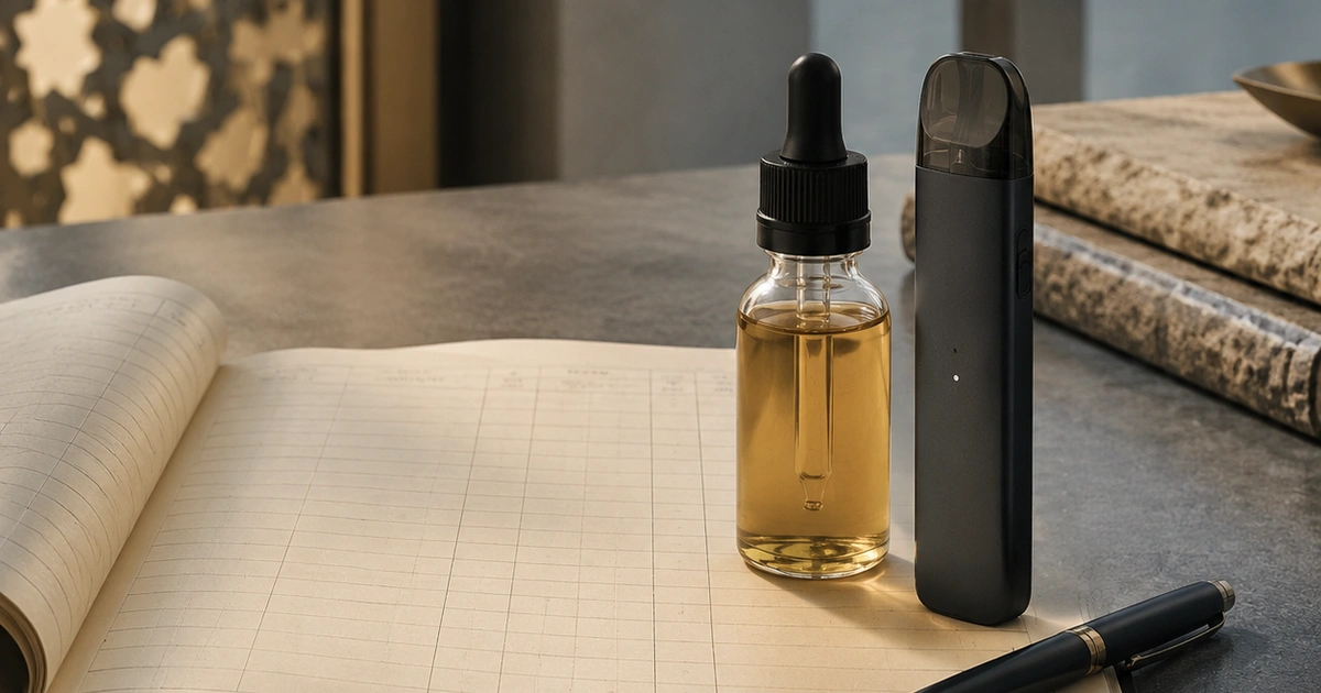 Generic unbranded e-liquid bottle, closed pod device and blank customs-style ledger on a neutral desk with a subtle Gulf interior cue.