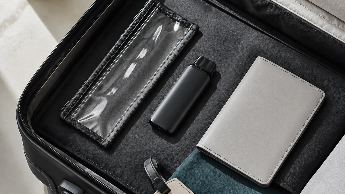 Generic pod device beside a clear pouch and blank travel wallet in an open carry-on bag