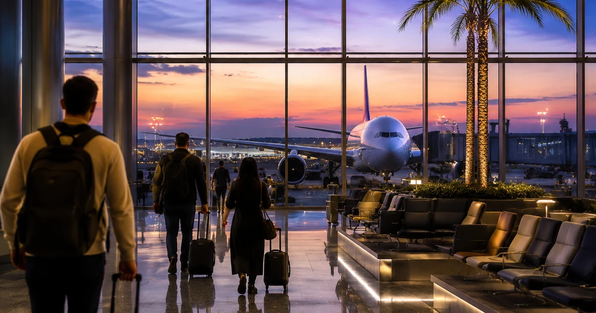 Wide view of a Dubai airport departure lounge at dusk with an aircraft on the tarmac, editorial cover for the UAE airport vaping rules guide