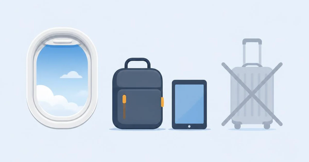 Flat illustration of an aircraft window, a carry-on bag and a crossed-out suitcase