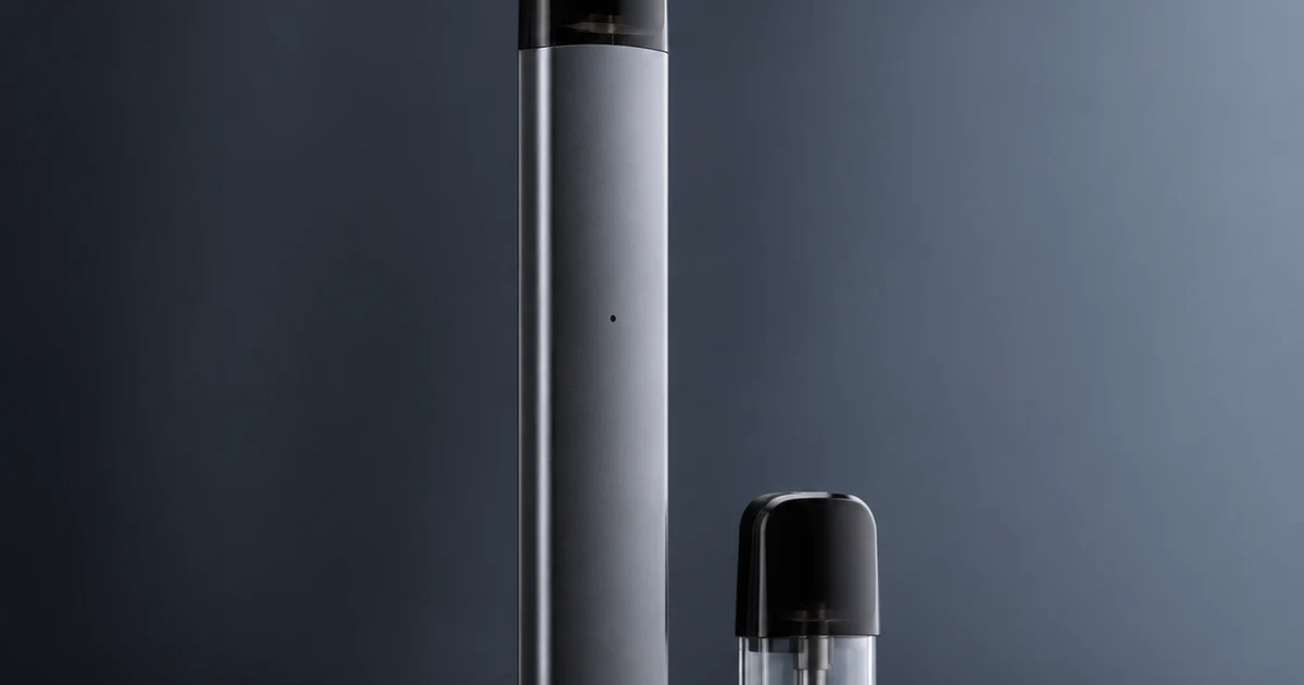 Closed pod vape system concept: a slim aluminium device beside a replaceable pre-filled pod, on a dark backdrop