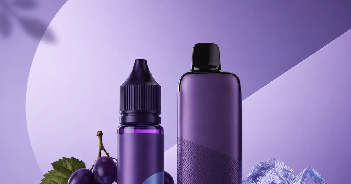 Abstract editorial cover for a vape brand guide with bottle and device silhouettes in purple and ice-blue palette