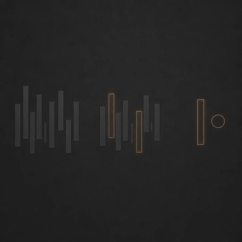 Three-stage abstract sequence: an unordered row of narrow shapes, two of them highlighted, then a single confirmed shape beside a plain circular outline