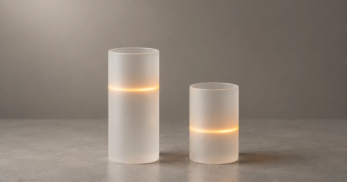 Two frosted glass cylinders of different heights standing on a stone surface, each circled by a glowing amber light ring at a different height