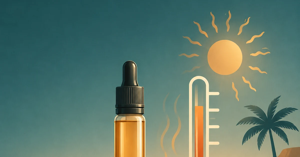 Abstract e-liquid bottle silhouette with a thermometer and heat-line motif on a deep teal background, illustrating shelf life in a warm climate