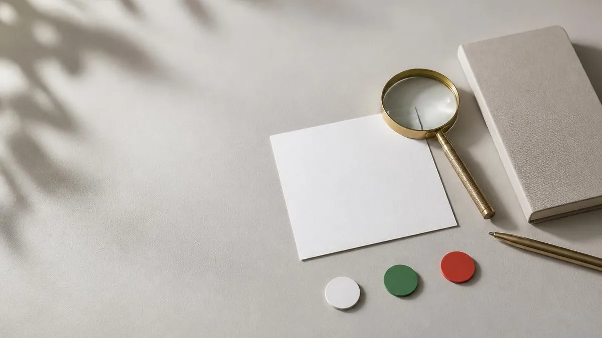 A blank card, a magnifying glass and three blank circular markers arranged on a light surface, illustrating a product-label check