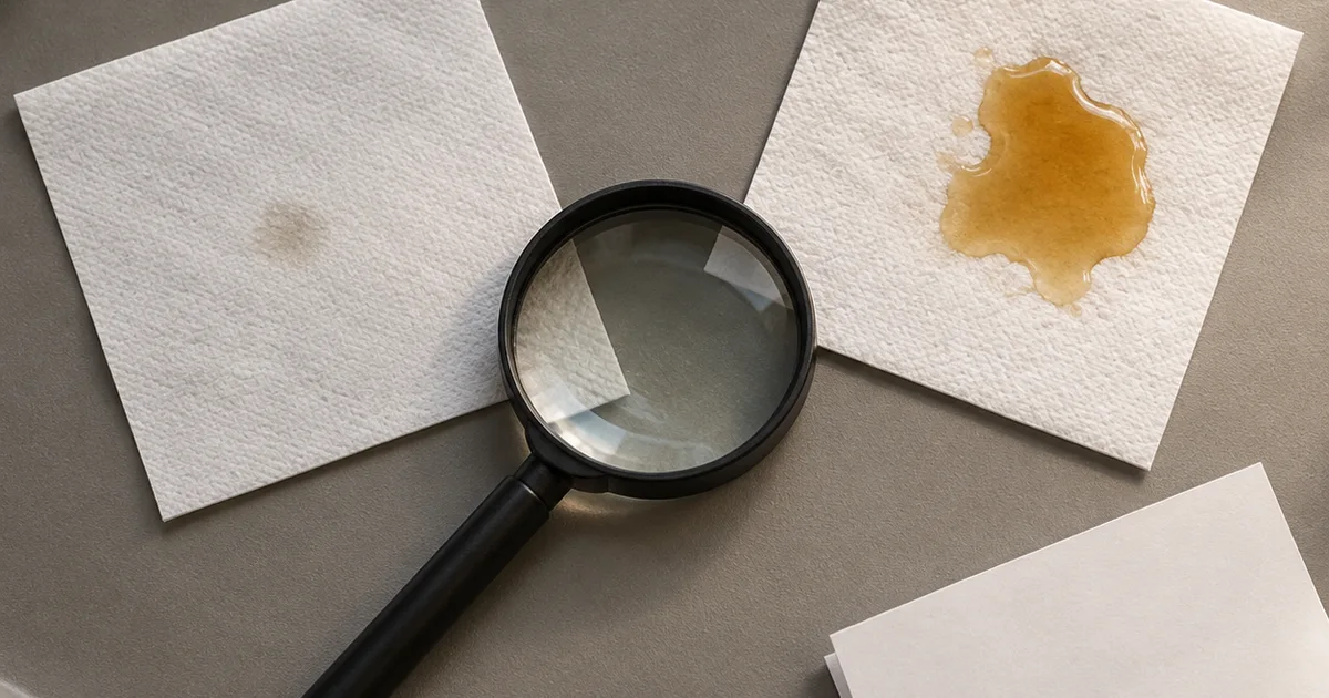 A magnifying glass between two white paper patches with a faint mark and an amber liquid pool.