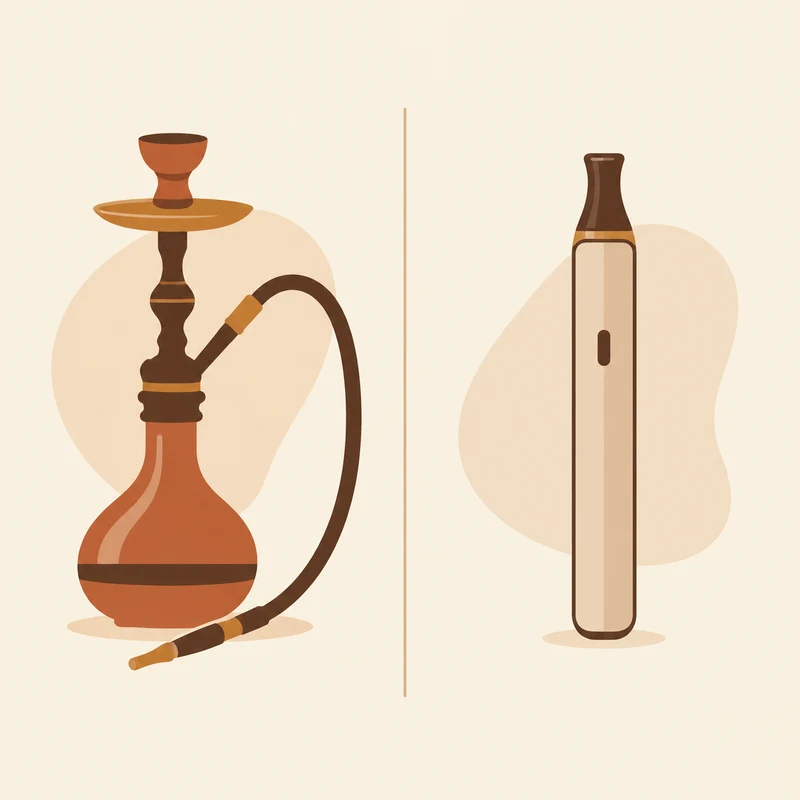Side-by-side line illustration of a traditional water pipe with a curved hose and a plain slim handheld vaping device, separated by a vertical rule