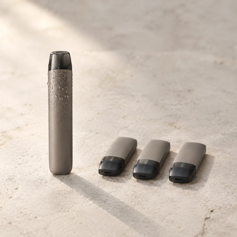 A slim unbranded pod device with water droplets on its casing standing upright beside three separate unbranded pods laid in a row
