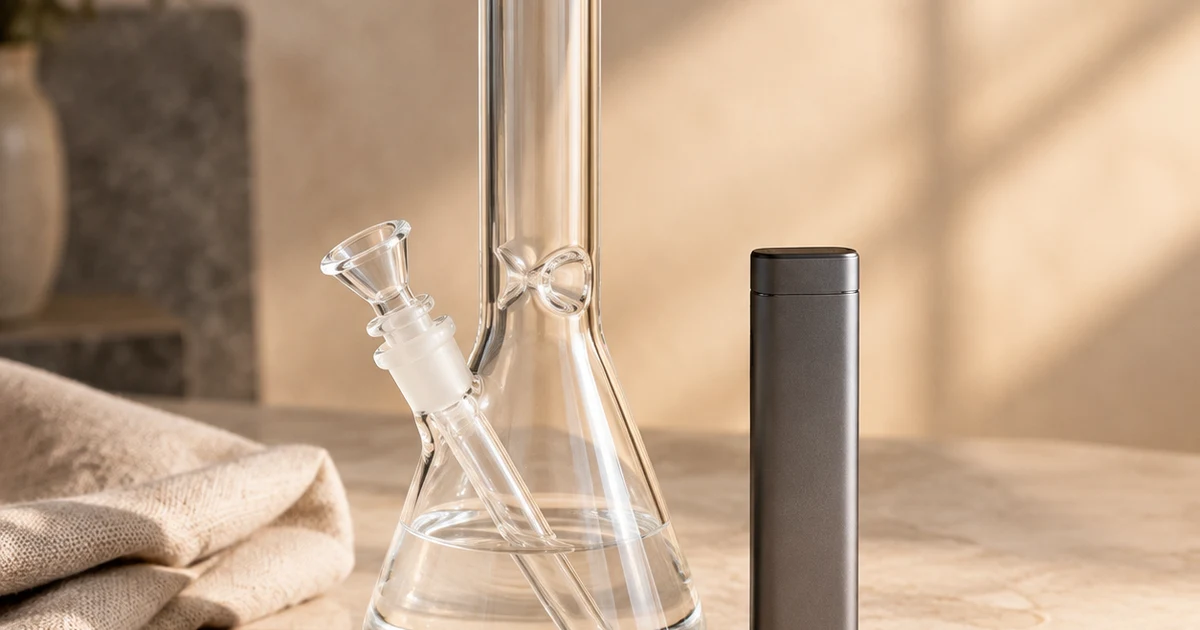 A plain unbranded water pipe and a slim rectangular device side by side on a pale stone surface with a folded cloth