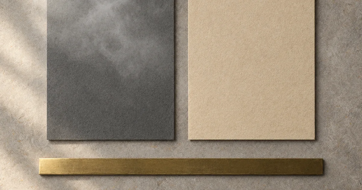 Two plain cards on a slate surface, the left veiled by pale haze and the right clear, with a brass straightedge below them.