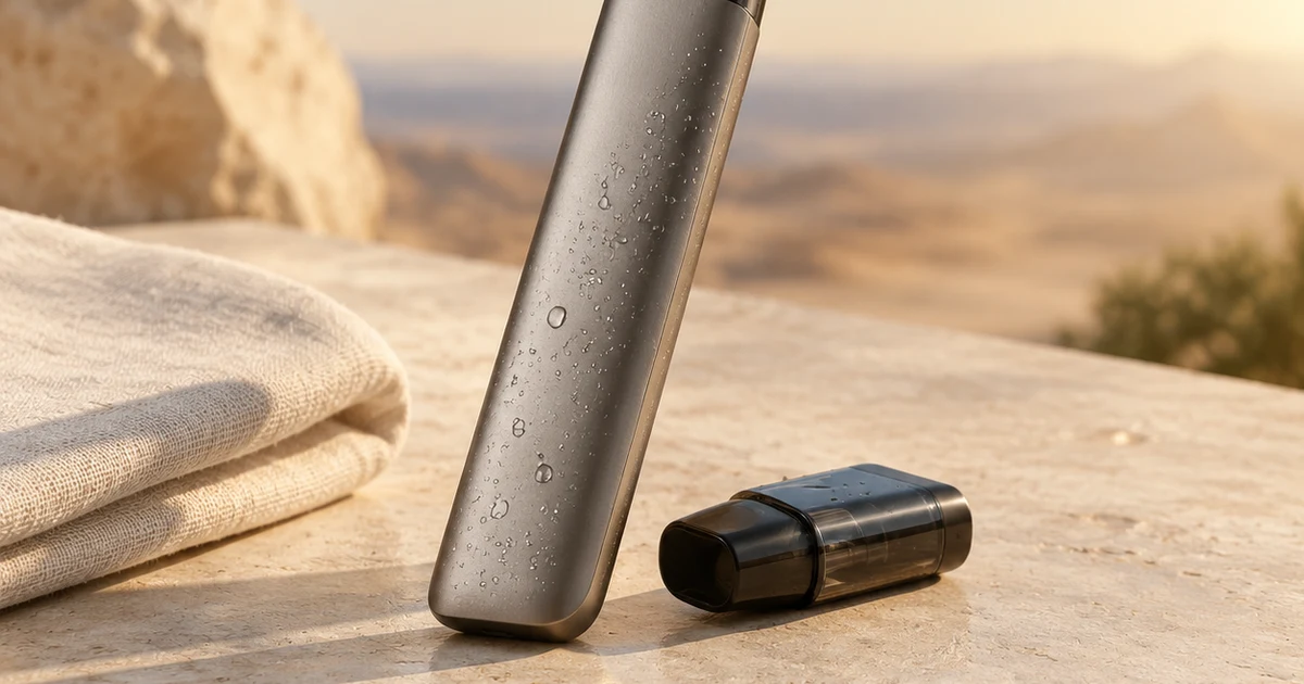 A slim unbranded pod device with water droplets on its casing standing beside its detached pod on a pale stone ledge in warm evening light